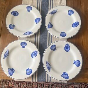 4 Williams Sonoma Sea Shell Blue White Dinner Plates